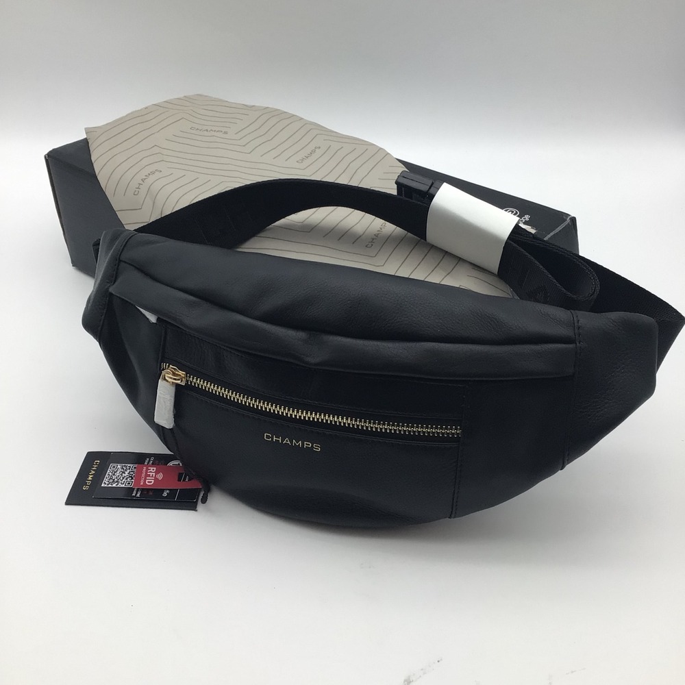 CHAMPS Black Leather RFID Protection Waist Bag Fanny Pack Belt Bag Gold Zip NWT